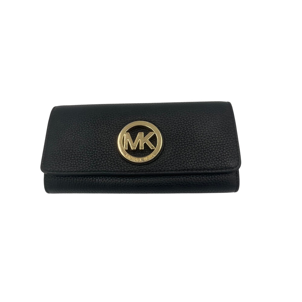 Michael Kors Fulton Continental Wallet Black Pebbld Leathr Gold MK Logo 1NZBXE